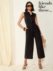 Friends Like These Black Sleevless Belted Utility Tailored Jumpsuit (AL6869) | $125