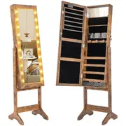 Costway Mirror Jewelry Cabinet 4 Tilt Angles Standing Jewelry Armoire Organizer w/20 Lights Brown