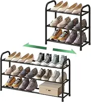 Expandable 3-Tier Shoe Rack, Adjustable Shoe Shelf Storage Organiser with Heavy Duty Metal Construction, Free Standing Shoe Rack for Hallway, Closet, and Entryway(Black)