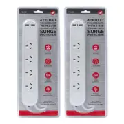 2x Surge Protected 4 Way Outlet Switched Power Board/2 USB Port 2400W w/1m Cable