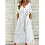 Women's Midi Dress A Line Dress Summer Dress Boho Dress Pleated Dress Elegant Fashion Modern Outdoor Vacation Daily Loose Fit Plain Short Sleeve V Neck White P