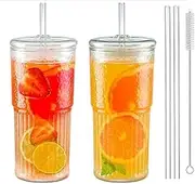 Glass Cups with Straws and Lids 2Pcs, 20oz Glass Cups Drinking Jar, Clear Iced Coffee Cups, Vintage Ripple Glassware for Water Coffee Tea (2 Transparent)