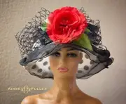 Polka Dot Kentucky Derby Hat Big Black White Ruffles Red Rose Del Mar Ascot Hat