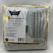 Spirit Linen Home Gray & Metallic Gold Lattice Shower Curtain, Hooks & Bath Rug