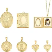 [UNICRAFTALE] 6Pcs 6 Styles Real 18K Gold Plated Locket Pendants Heart Photo Frame Charms Metal Oval Memory Locket Charms Square Picture Frame Bouquet Charms For Jewelry Making, Brass