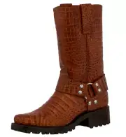Mens Biker Boots Cognac Cowboy Alligator Belly Print Western Leather Square Toe