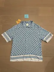 Sandro Square Cross Blue Short Sleeve Shirt Button Up Size L FW24 RETAIL $295