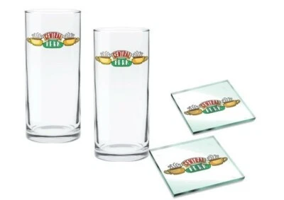 Friends Central Perk Design Set of 2 Highball Glasses and Glass Coasters Gift