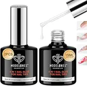 Modelones 4 in 1 Nail Glue Base Coat Polish Set - Brush On Gel for Rhinestone, False Nails, Blooming Art - Acrylic Kit With Lamp Needed 2Pcs 15ml