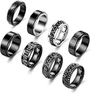 [NICEIGHT] 8Pcs Stainless Steel Spinner Rings for Men Women Black Fidget Rings for Anxiety Relief Band Rings Cool Chain Fashion Ring Set Size 7-13