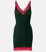 [Saint Laurent] Saint Laurent Lace-trimmed silk jersey slip dress UK 6 green