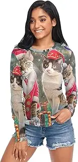 [RPLIFE] Christmas Cats Long Sleeve Mesh Tops for Women, Printed Mesh Top S-XXL
