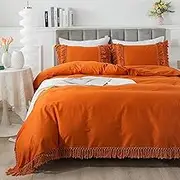 Softta Duvet Cover Full 3 Pcs Boho Duvet Covers Tassel and Ruffle Ornage Girls Bohemian Bedding 100% Washed Cotton