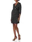 Three Seasons Maternity Women's Maternity 3/4 Sleeve Surplice Belted Stripe-L