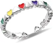 [Watforsh] 925 Sterling Silver Adjustable Colorful Heart Ring for Women Stackable Enamel Mood Rainbow Ring, Metal, No Gemstone