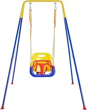 FUNLIO 3-in-1 Swing Set for Toddler with 4 Sandbags, Heavy-Duty Kid Swing Set with Safety Harness, for Backyard, Indoor/Outdoor Play, Folding Metal Stand & Clear Instruction, Easy to Assemble & Store