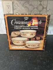 Crowning Touch Vintage Set of 3 Porcelain Enamel Nesting Bowls NEW!!! 70s Daisy