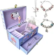 [LIV&LOVE] Music Jewelry Box with Necklace Pendant and Charm Bracelet Set| Jewellery Musical Box| Music Box Ballerina (Blue Fairy Box + Fairy)