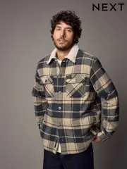 Grey/Neutral Borg Lined Check Shacket (B76231) | $59