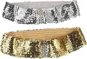 [TEMPNAP] 2pcs Elastic Sequin Belts Wide Stretch Waistbands for Women Glitter Dress Belts for Halloween Disco Party Outfit Comfortable Elastic Fit Dazzling Design