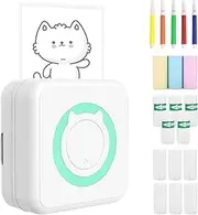 Wireless Instant Mini Printer, Portable Pocket Inkless Thermal Label Printer Sticker Maker, Bluetooth Photo Printer, 14 Rolls Paper 5 Color pens, for Receipt, Memo, Label, Study Notes (Green)