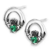.925 Sterling silver Irish Claddagh Post Earrings w/ Green crystals Celtic