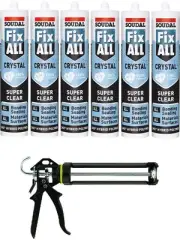 Soudal Fix All Adhesive Sealant Solvent Free Crystal Clear 290ml 6 Pack + Gun Ki