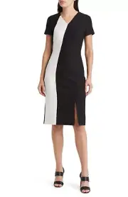 HUGO BOSS Dahota1 Women's V-Neck Business Sheath Dress Black / White Size 2