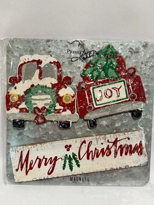 Primitives By Kathy Christmas Red Truck Farmhouse Wood glitter magnets set of 3