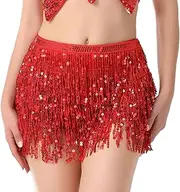 [Dolkoic] Women's Sequin Tassel Belly Dance Skirt Wrap Rave Sparkly Fringe Skirts Boho Tassel Hip Scarf Rave Costume