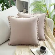 2x Square Throw Pillows with Cute Pom-poms (Inserts + Pillow Covers, Pink Mix Grey)