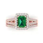 1.60ct Emerald Round Cut Halo Emerald Stone Ring bridal Set 14k Rose Gold
