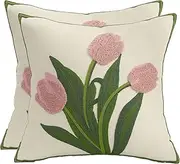 Tosleo Farmhouse Pink Tulip Embroidered Decorative Throw Pillow Covers 18x18 Set of 2 Flowers Tufted Cushion Case Square Floral Cotton Pillowcases for Wedding Sofa Couch Bedroom Living Room (G3-9)