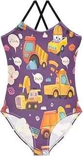 [RPLIFE] Cute Swimsuits for Girls One Piece, 3-10T Summer Swimsuits Girls Beach Bathing Suits, Cute Cartoon Construction Vehicles, 7-8 Years