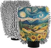 XYMZR Starry Night Sunflower Absorbent Microfiber Car Wash Mitt, Funny Cute Anime Scratch Free for Cars Cleaning, Home Cleaning Mitts, 2 Pack, 10.24” L x 7.09” W