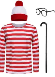 Where's Waldo Costume Striped Shirt Adult Wally Shirt Glasses Hat Cane Sz L BB1