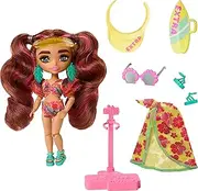 BARBIE Extra Minis - Travel Doll with Tropical Swimsuit, Sarong and Accessories Such as Surfboard Bag, Shell Sunglasses and Palm Leaf Earrings, for Children from 6 Years, HPB18