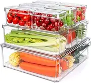 Feshory 10 Pack Clear Stackable Fridge Organiser Bins with Lids & Drain Tray, Large Size Plastic Food Storage Containers for Fruit & Vegetable Storage, Kitchen Storage & Organisation