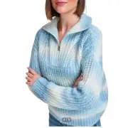 NWT Calvin Klein Large sweater wool space dyed knit ombré blue white half zip