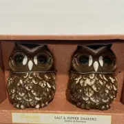 Owl Salt And Pepper Shakers New Stoneware 4”x 3” Brown White
