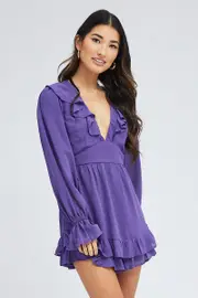 Purple Playsuit Long Sleeve V Neck Frill Poly Chiffon - Size 12, Women's Playsuit