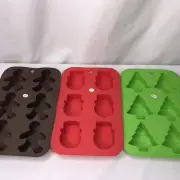 Set Of 3 Silicone Molds Red Snowmen Green Trees Brown Gingerbread