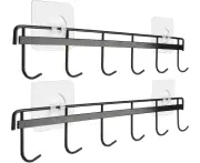 Adhesive Wall Hooks Rack Kitchen Rail, Space Saving Utensil Holder 2 Pack-Black
