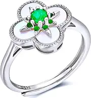[Razzberry] Natural Emerald Gemstone Adjustable Ring, Sterling Silver, Four Leaf Clover, May Birthstone, Natural Shell, Custom Design, Velvet Ring Box included