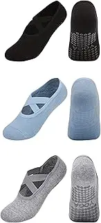 [SQUISHY DOT] 3 Pairs Women Non-Slip Yoga Socks with Grips, Non Slip Colorful Cushioned Grippy Socks with Straps for Yoga, Pilates，Barre Ballet Dance, Hospital, Barefoot Workout