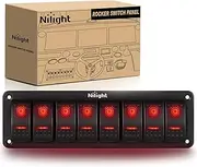 Nilight 8 Gang Rocker Switch Panel 5Pin On Off Toggle Switch Aluminum Holder 12V 24V Dash Pre-Wired Red Backlit Switches for Automotive Cars Marine Boats RVs Truck