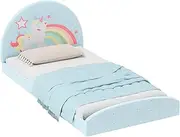 HONEY JOY Kids Twin Size Floor Bed Frame, Upholstered Floor Bed with 210D Oxford Cloth Floor Mat, Middle Support Slat, Padded Boards, Montessori Bed Frame for 3+ (Blue Rainbow)