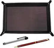 TRATYO-ALST-WD002-R Chevrolet Choco Color Cowhide Leather Pen Tray Metal Touch Stick Silver and Epoxy Rotating Ballpoint Pen Set Red