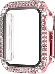 Diamond Cases Compatible with Apple Watch 44mm 42mm 40mm 38mm, with Tempered Glass Screen Protector,for iWatch Series 1 2 3 4 5 6 SE-Pink,38mm Series 3 2 1