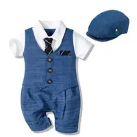 在飛比找蝦皮商城精選優惠-新生嬰兒 Boss 服裝 2 件海軍藍色連身衣帶帽子套裝 T